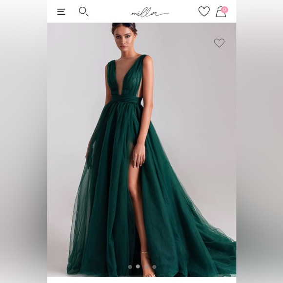 Evening tulle gown with plunging neck, Milla Emerald Green - Picture 1 of 12